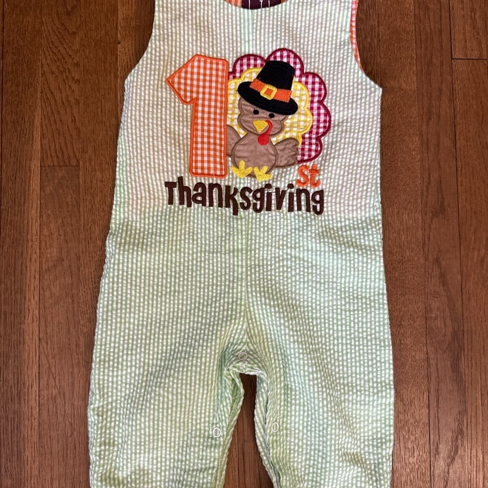 Lil Cactus Thanksgiving‎ Jon-Jon overalls Green Gingham Checkered 6-12 months